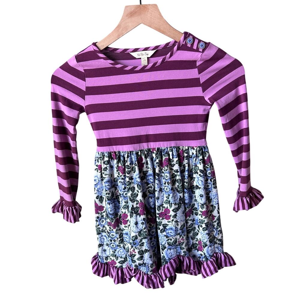 Matilda Jane Dress Girls 6 Purple Stripe Floral Mixed Print Ruffle Long Sleeve